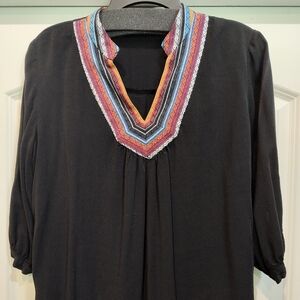 Mittoshop Black 3/4 Sleeve Tunic Embroidered V-neck Blouse